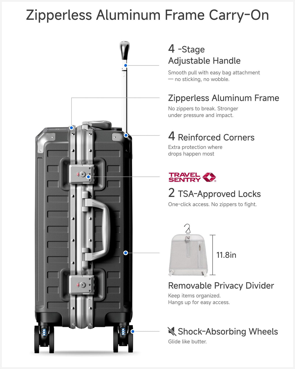 Zipperless Aluminum-Frame Carry-On Suitcase