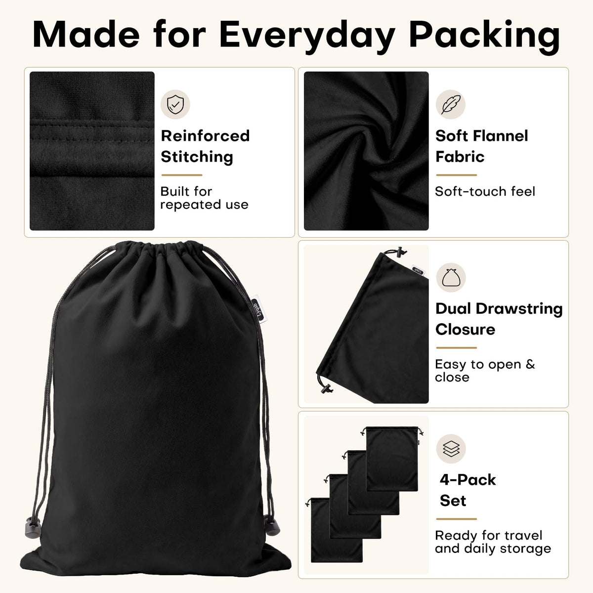 Four-Pack Flannel Drawstring Shoe Bags