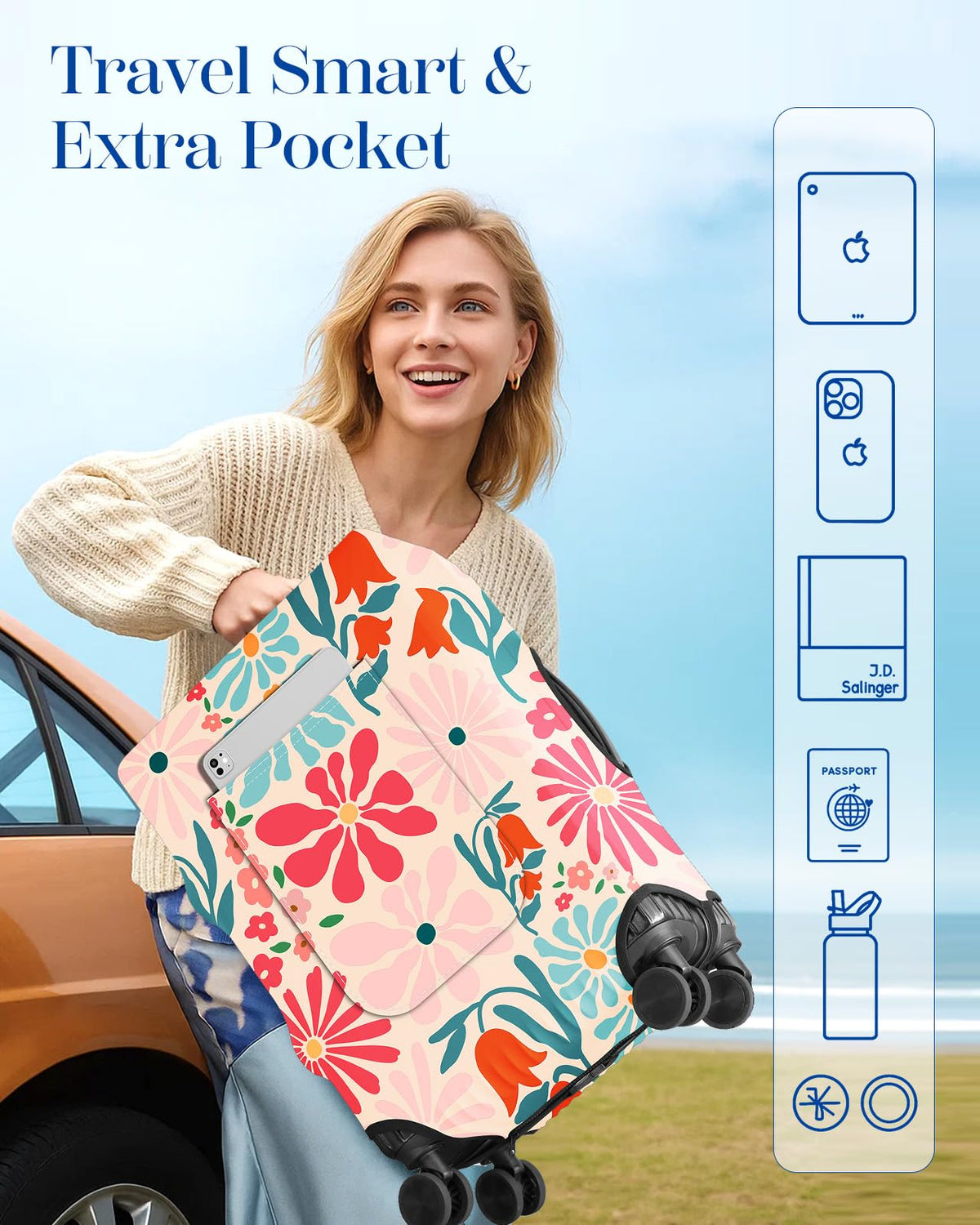 Patterned Suitcase Cover with Storage Pocket