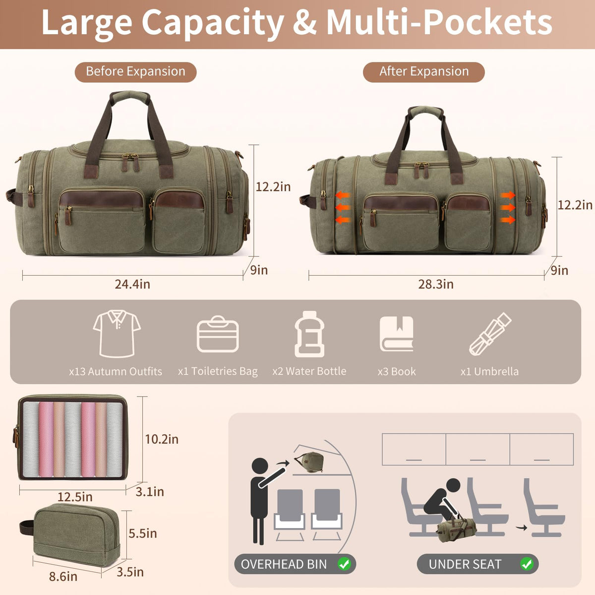 60L Expandable Canvas Weekender Set