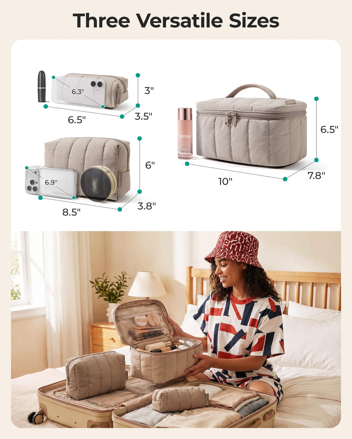 Three-Piece Padded Cosmetic Bag Set